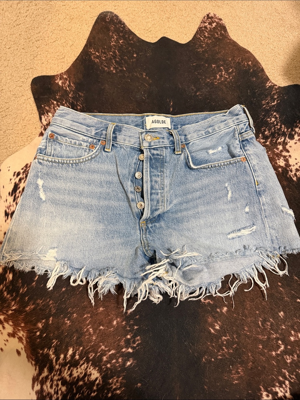 AGOLDE denim shorts, light wash, distressed